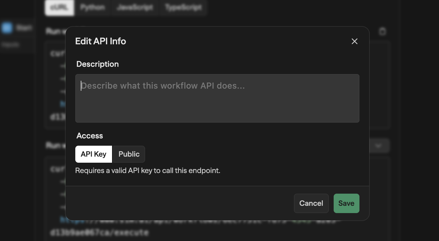 Modal Edit API Info com um campo de texto Description e uma seção Access alternando entre os modos API Key e Public