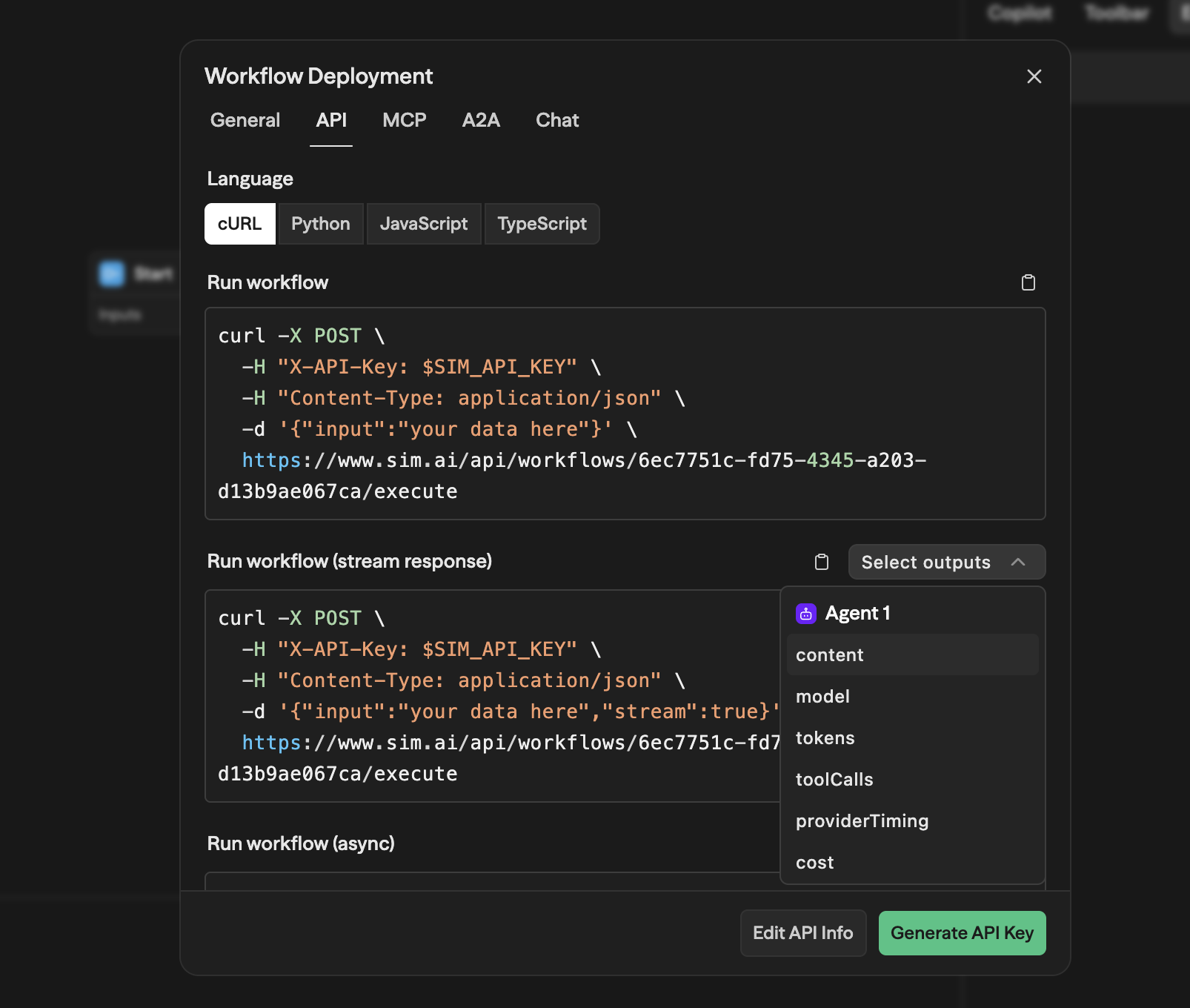 Dropdown Select outputs aberto mostrando o bloco Agent 1 com os campos de saída selecionáveis: content, model, tokens, toolCalls, providerTiming, cost