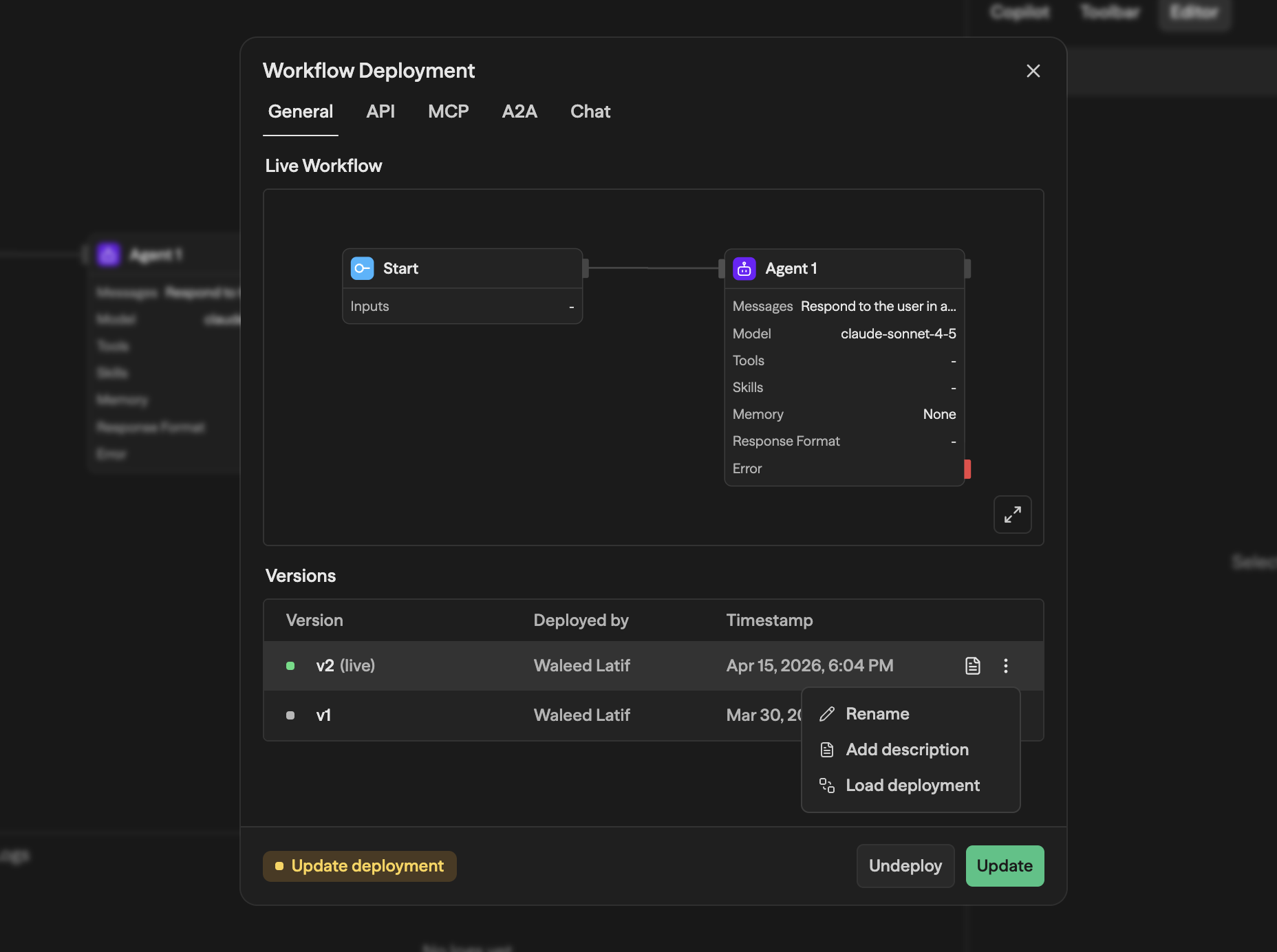 Aba General do modal Workflow Deployment mostrando uma prévia do workflow em produção, uma tabela Versions com v2 (live) e v1, e os botões Undeploy / Update