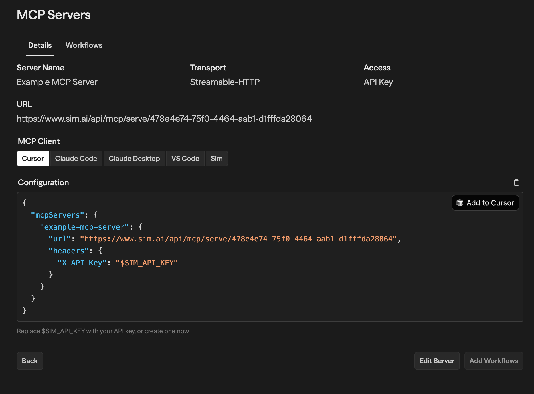 Painel de configuração de cliente MCP