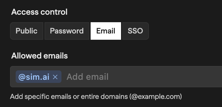 Seção de controle de acesso com a aba Email selecionada, mostrando o campo Allowed emails com o domínio @seeyu.ai adicionado