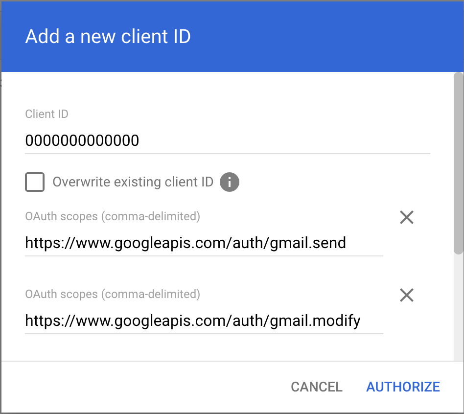 Google Workspace Admin Console — Add a new client ID with OAuth scopes