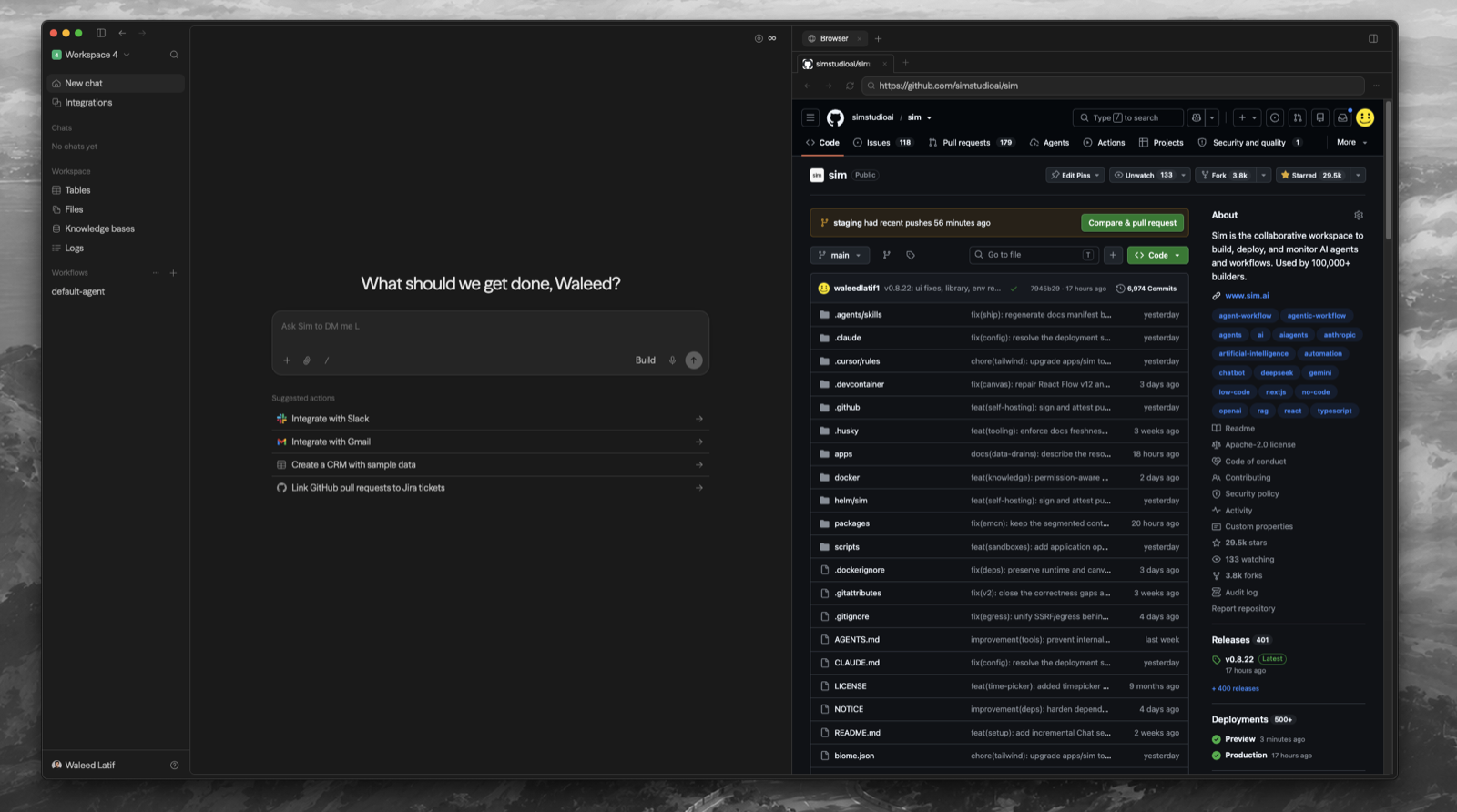 Studio Desktop — Chat on the left, the built-in browser on the right