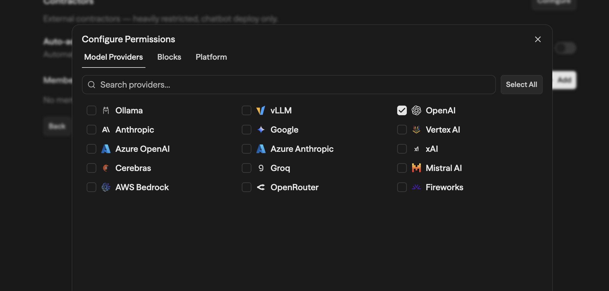 Aba Model Providers mostrando uma grade de provedores de IA, incluindo Ollama, vLLM, OpenAI, Anthropic, Google, Azure OpenAI e outros, com caixas de seleção para permitir ou restringir o acesso