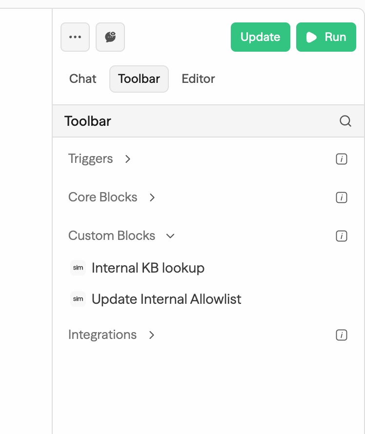 Barra de blocks do editor de workflow com uma seção Custom Blocks listando dois blocks publicados abaixo de Core Blocks