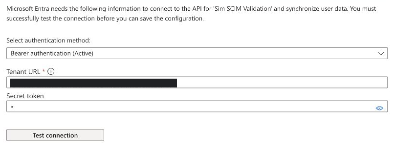 Entra provisioning connection settings with the deployment URL redacted and secret token masked