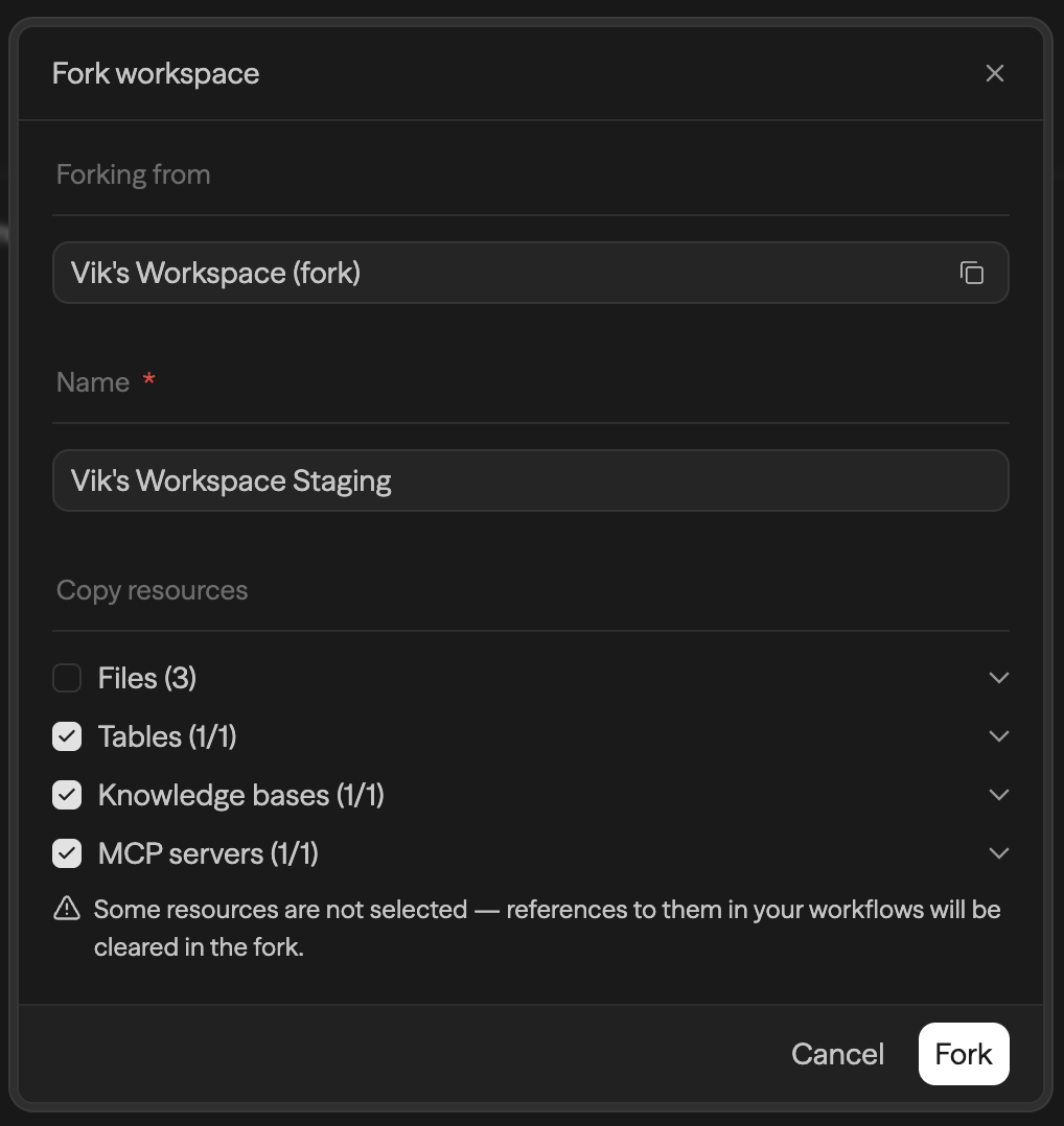 Modal de fork de workspace mostrando um aviso de que recursos desmarcados vão limpar referências no fork