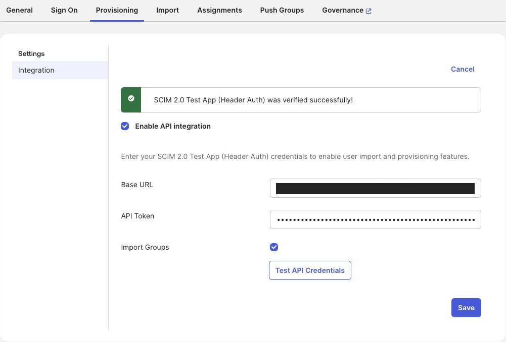 Okta API integration with a successful credential test; the test deployment URL is redacted