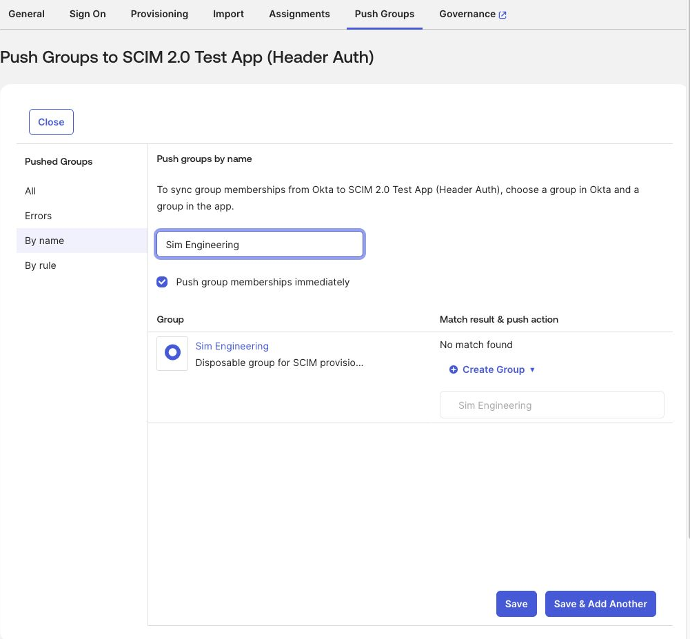Okta Group Push selecting an engineering group and creating its downstream group in Studio