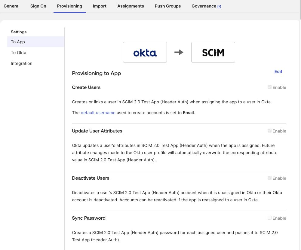 Okta provisioning actions with Create Users, Update User Attributes, and Deactivate Users enabled, and Sync Password disabled