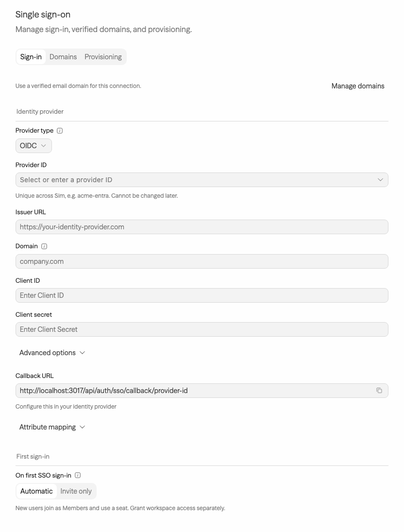 Formulário de configuração de Single Sign-On mostrando os campos Provider Type (OIDC), Provider ID, Issuer URL, Domain, Client ID, Client Secret, Scopes e Callback URL