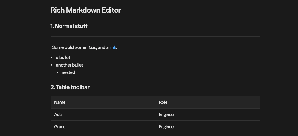 Um arquivo markdown renderizado no editor: títulos, negrito, itálico e um link, uma lista com marcadores aninhada e uma tabela