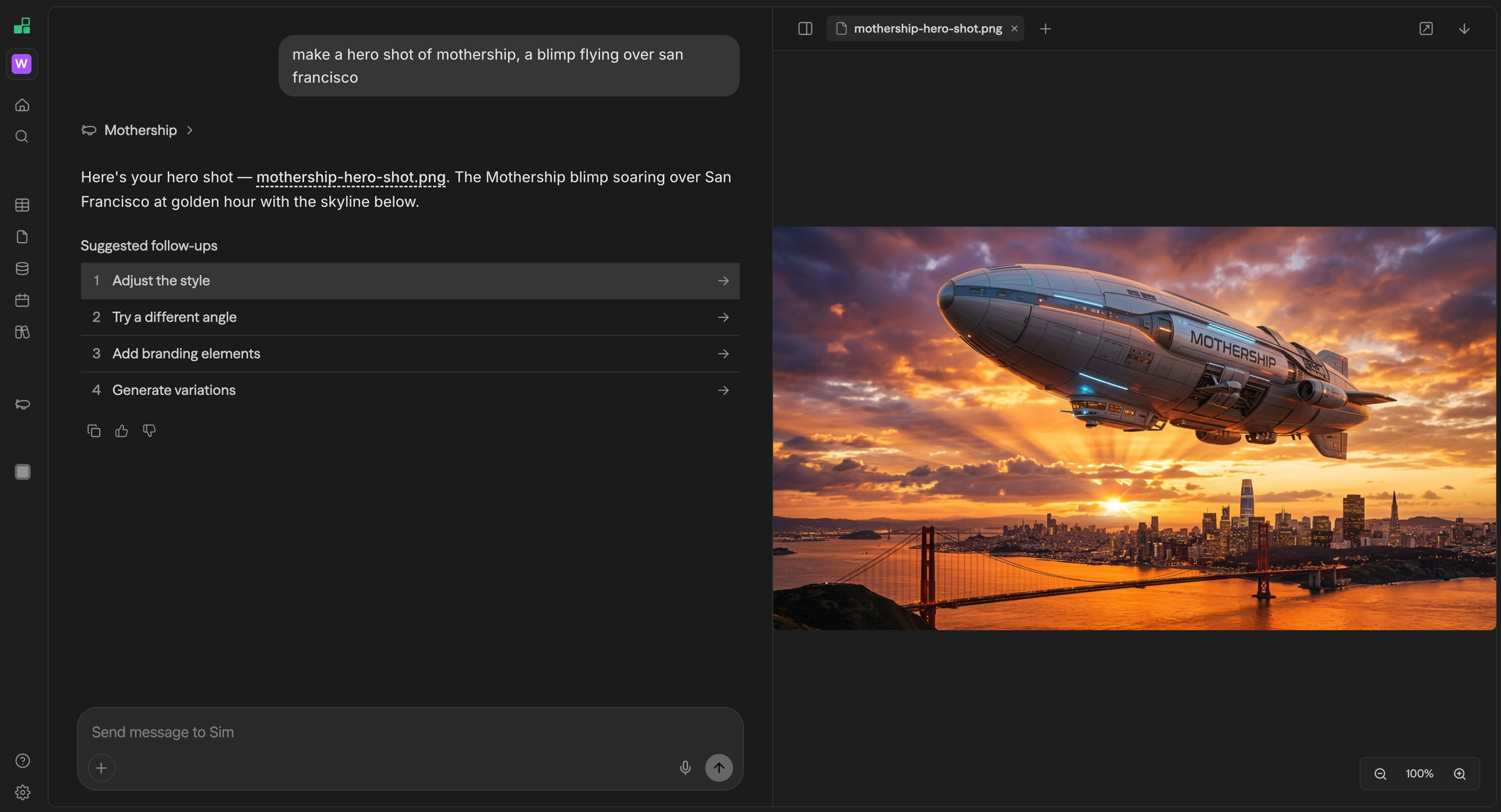 Painel de recursos do Chat com uma imagem hero gerada de um dirigível com a marca Studio sobrevoando São Francisco na golden hour, ao lado da resposta do chat com o link do arquivo