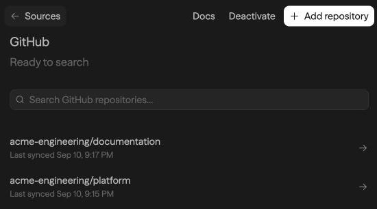 Admin GitHub page listing configured repositories and their sync status