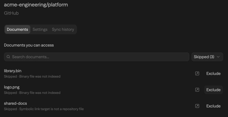 Skipped GitHub files with reasons and no Retry action