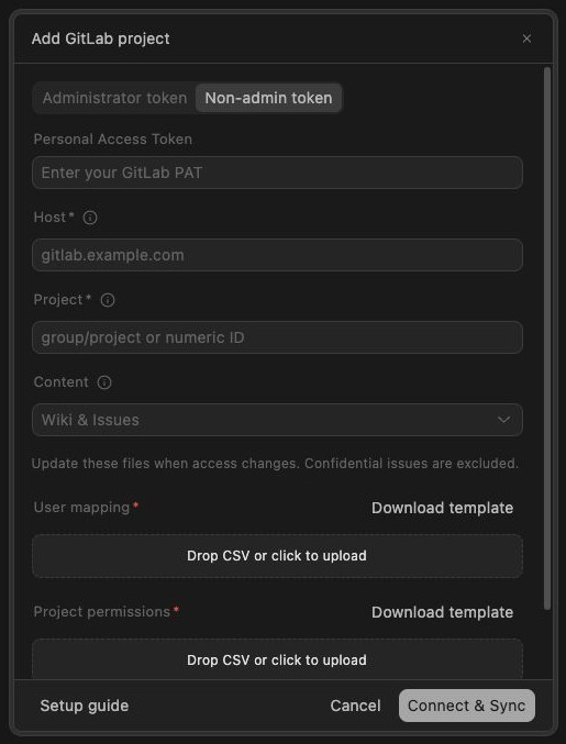 Add GitLab project with Administrator token and Non-admin token tabs, without a separate connection-method toggle