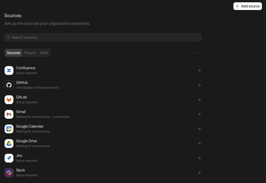 Organization Sources with Add source, connection status, People, and Stats