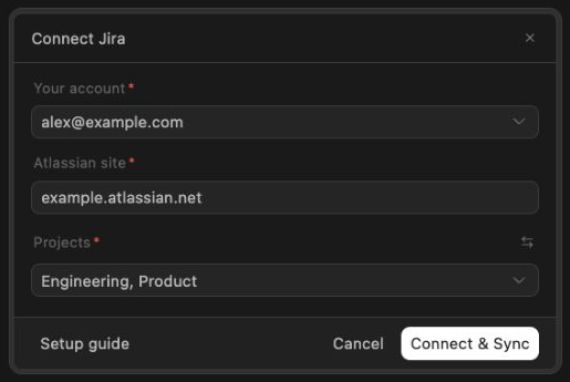 Jira personal source setup with a saved account, Atlassian site, and selected projects