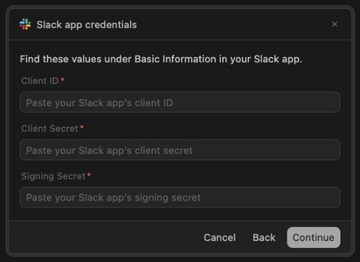 Studio Search in Slack setup with placeholders for Client ID, Client Secret, and Signing Secret