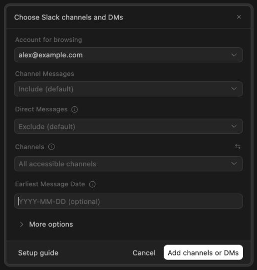 Slack source setup showing included channels, excluded DMs, and optional filters