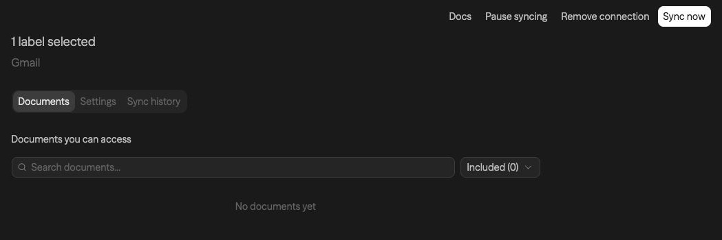 Empty source Documents tab with search and an Included status filter