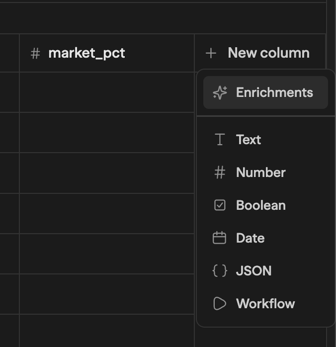 O menu New column: Enrichments no topo, os tipos de coluna simples e Workflow na base